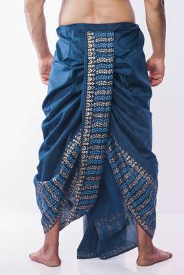Peacock Blue Hand Block Print Dupion Silk Dhoti For Men 5