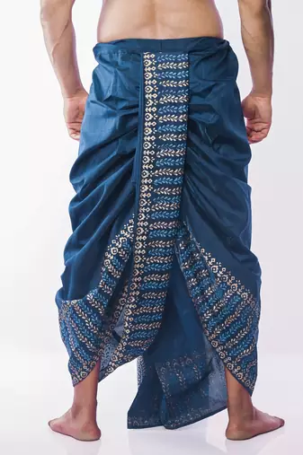 Peacock Blue Hand Block Print Dupion Silk Dhoti For Men