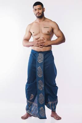 Peacock Blue Hand Block Print Dupion Silk Dhoti For Men 6
