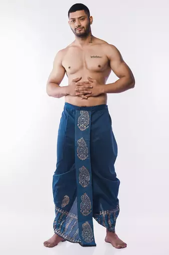 Peacock Blue Hand Block Print Dupion Silk Dhoti For Men