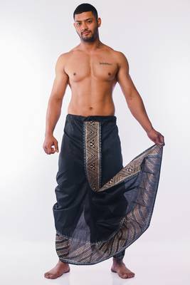 Black Hand Block Print Dupion Silk Dhoti For Men 2