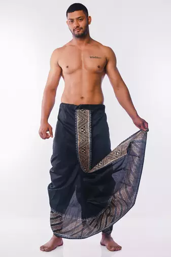 Black Hand Block Print Dupion Silk Dhoti For Men