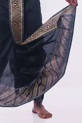 Black Hand Block Print Dupion Silk Dhoti For Men