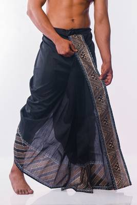 Black Hand Block Print Dupion Silk Dhoti For Men 4