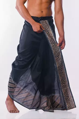 Black Hand Block Print Dupion Silk Dhoti For Men