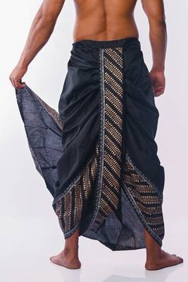 Black Hand Block Print Dupion Silk Dhoti For Men 5