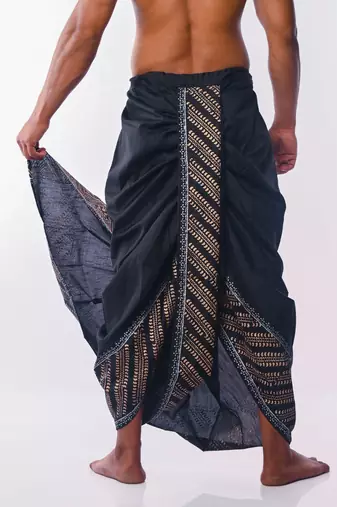 Black Hand Block Print Dupion Silk Dhoti For Men
