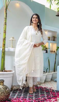 Off-White Chikankari Cotton Kurti with Trendy Pants and Chanderi Dupatta Set 1