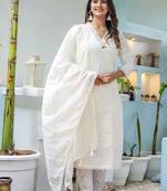 Off-White Chikankari Cotton Kurti with Trendy Pants and Chanderi Dupatta Set