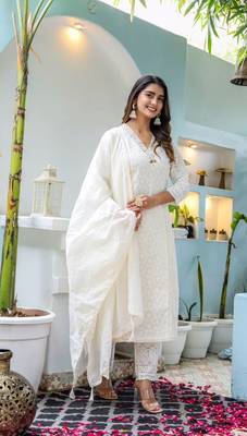 Off-White Chikankari Cotton Kurti with Trendy Pants and Chanderi Dupatta Set 5