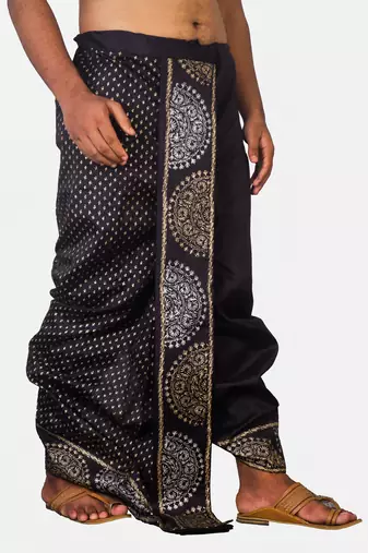 Black Hand Block Print Dupion Silk Dhoti For Men