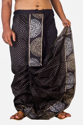 Black Hand Block Print Dupion Silk Dhoti For Men 3
