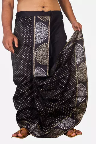 Black Hand Block Print Dupion Silk Dhoti For Men