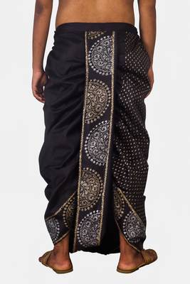 Black Hand Block Print Dupion Silk Dhoti For Men 4