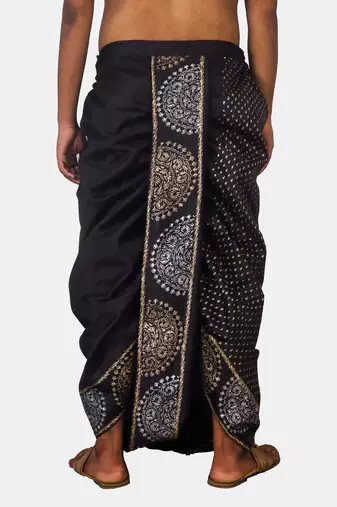Black Hand Block Print Dupion Silk Dhoti For Men