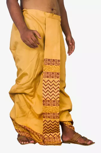 Mustard And Block Print Dupion Silk Dhoti For Men