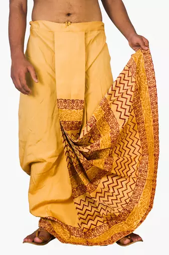 Mustard And Block Print Dupion Silk Dhoti For Men