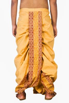 Mustard And Block Print Dupion Silk Dhoti For Men 4