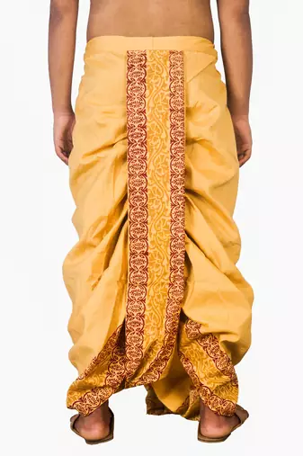Mustard And Block Print Dupion Silk Dhoti For Men