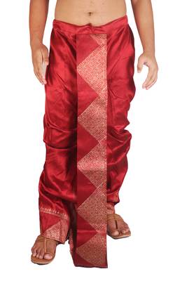 Maroon  Hand Block Print Dupion Silk Dhoti For Men 1