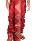Maroon  Hand Block Print Dupion Silk Dhoti For Men