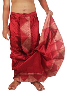 Maroon  Hand Block Print Dupion Silk Dhoti For Men 3