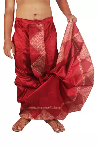 Maroon  Hand Block Print Dupion Silk Dhoti For Men