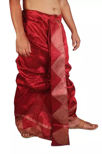 Maroon  Hand Block Print Dupion Silk Dhoti For Men