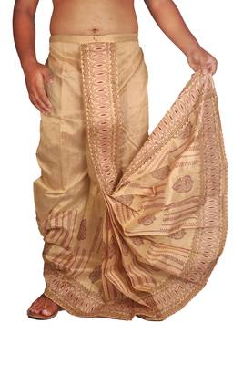 Beige Hand Block Print Dupion Silk Free Size Dhoti  2