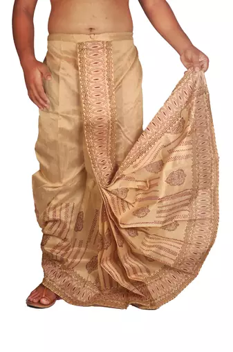Beige Hand Block Print Dupion Silk Free Size Dhoti 