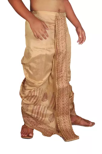 Beige Hand Block Print Dupion Silk Free Size Dhoti 