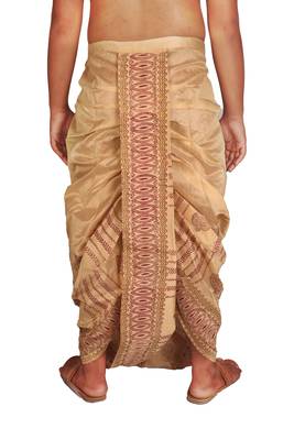 Beige Hand Block Print Dupion Silk Free Size Dhoti  4