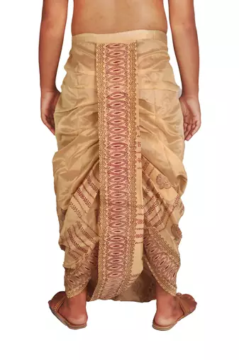 Beige Hand Block Print Dupion Silk Free Size Dhoti 
