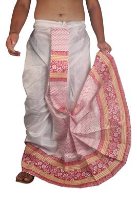 White Hand Block Print Dupion Silk Dhoti For Men 2