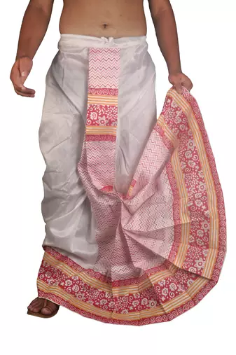 White Hand Block Print Dupion Silk Dhoti For Men
