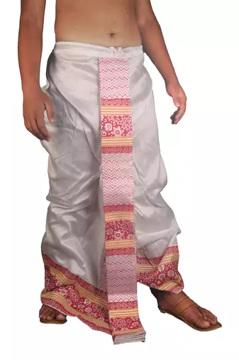 White Hand Block Print Dupion Silk Dhoti For Men