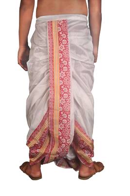 White Hand Block Print Dupion Silk Dhoti For Men 4