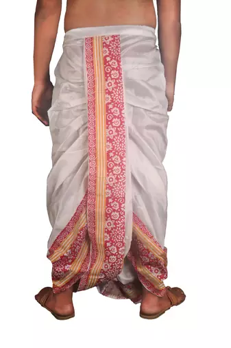 White Hand Block Print Dupion Silk Dhoti For Men