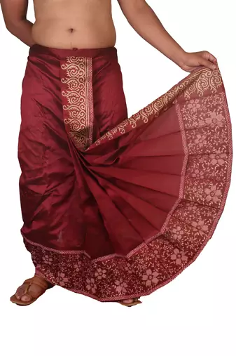Wine Hand Block Print Dupion Silk Dhoti For Men