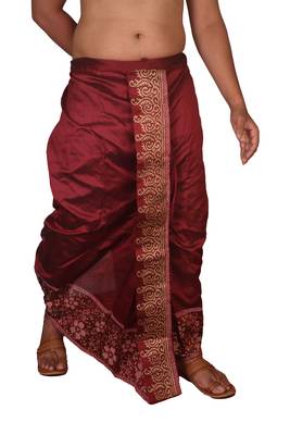 Wine Hand Block Print Dupion Silk Dhoti For Men 3