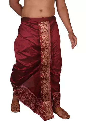 Wine Hand Block Print Dupion Silk Dhoti For Men