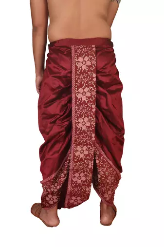 Wine Hand Block Print Dupion Silk Dhoti For Men