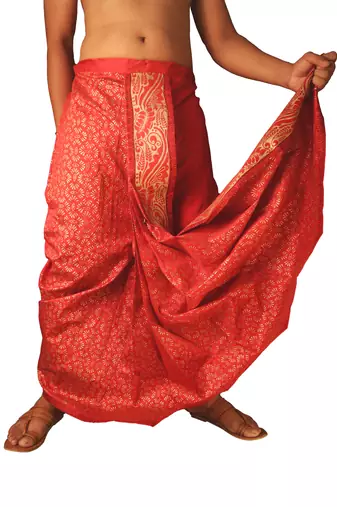 Maroon  Hand Block Print Dupion Silk Dhoti For Men