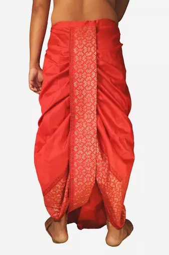 Maroon  Hand Block Print Dupion Silk Dhoti For Men