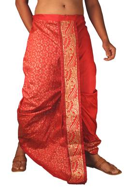 Maroon  Hand Block Print Dupion Silk Dhoti For Men 4