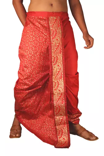 Maroon  Hand Block Print Dupion Silk Dhoti For Men
