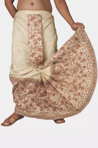 Cream  Hand Block Print Dupion Silk Dhoti For Men