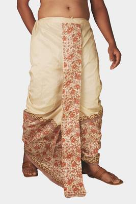 Cream  Hand Block Print Dupion Silk Dhoti For Men 3