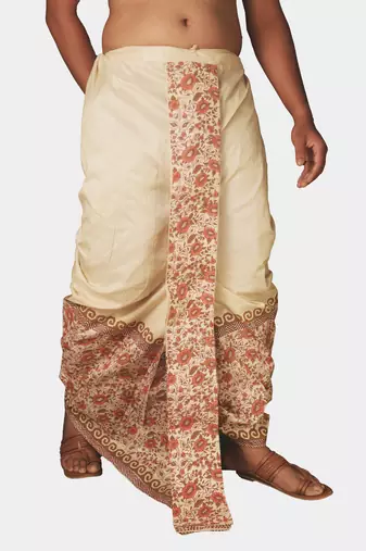 Cream  Hand Block Print Dupion Silk Dhoti For Men