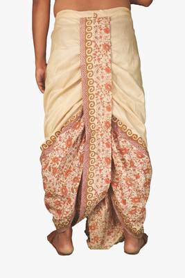 Cream  Hand Block Print Dupion Silk Dhoti For Men 4